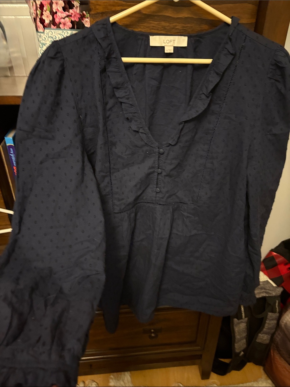 LOFT Navy Blue Ruffled V-Neck Peasant Blouse